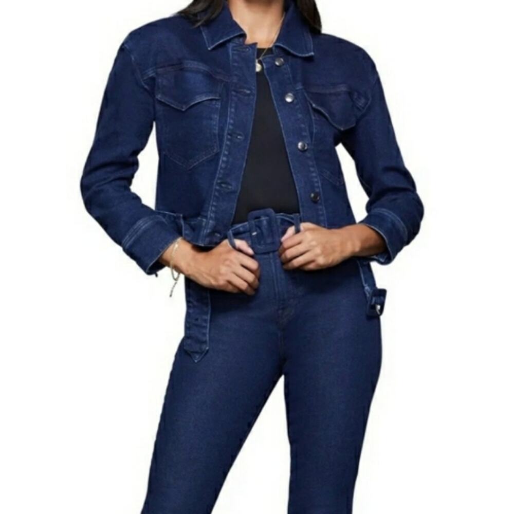 Good American dark denim 70's jacket cropped jean belted size 1 (small) - Picture 3 of 15